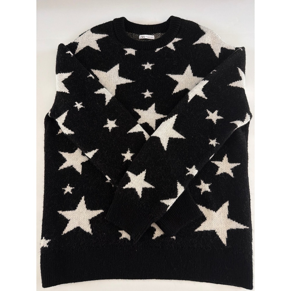 Zara Womens XL Black White Star Knit Crewneck Sweater Intarsia Celestial Relaxed